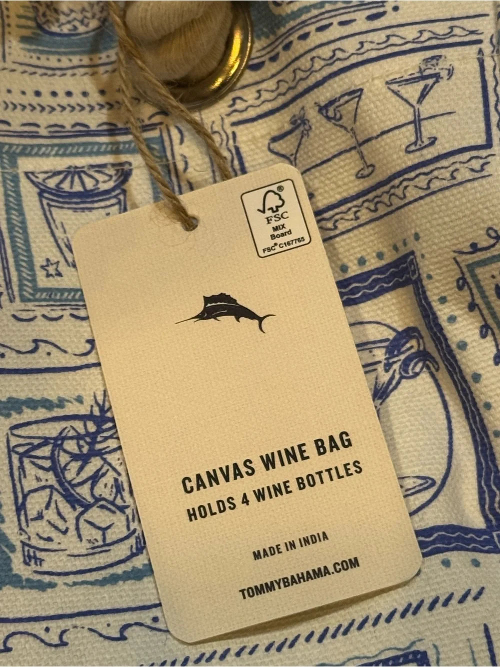 NWT Tommy Bahama Canvas Wine Bag Tote 4 Bottles Blue Graphics Tile Drinks
